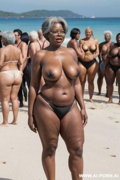 Ebony granny, (((toppless))), standing in front, on a beach full of people, curvy, body, gray hair, bottomheavy, big, ass, huge, gigantic, thick - ai-porn.ai on pornintellect.com