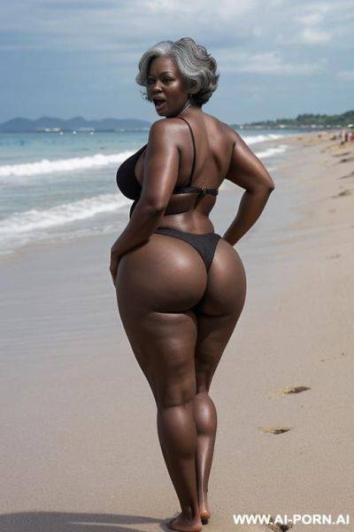 Ebony granny, (((tgopless))), standing in front, on a beach full of people, curvy, body, gray hair, bottomheavy, big, ass, huge, gigantic, thick - ai-porn.ai on pornintellect.com