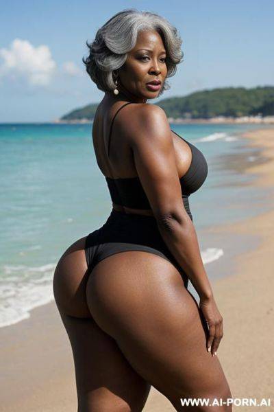 Ebony granny, (((tgopless))), standing in front, on a beach full of people, curvy, body, gray hair, bottomheavy, big, ass, huge, gigantic, thick, thighs, massive, woman - ai-porn.ai on pornintellect.com
