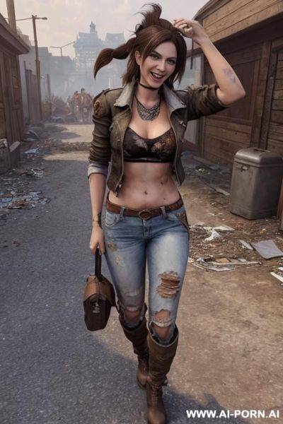 A woman with brown hair is wearing worn and bleached out, ripped and light blue pants and an old jeans jacket. she has long, messy brown hair. there ist lot of trash around. she looks punky - ai-porn.ai on pornintellect.com