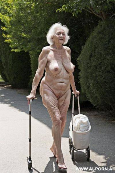 The totally naked elderly woman leans on the walker with both hands, walking slowly and cautiously, looking ahead. saggy boobs. full body frontal wiew. - ai-porn.ai on pornintellect.com