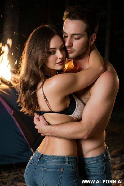 Another man uncomfortably hugging. campfire. tight jeans shorts. hairy pussy. large teardrop saggy breasts. make up. getting into sleeping bag. another man giving an uncomfortable hug - ai-porn.ai on pornintellect.com