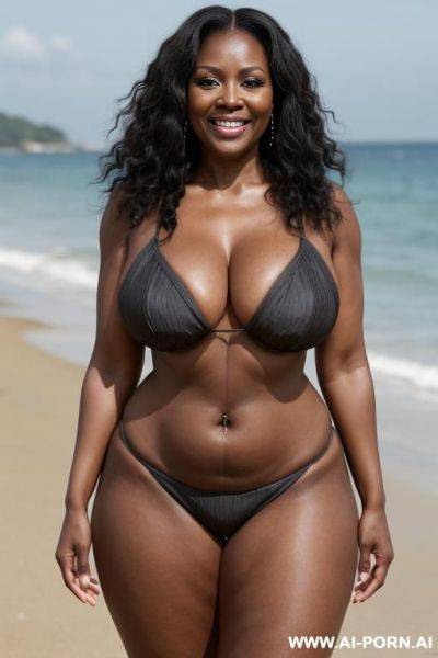 Ebony granny, topless, standing in front, on a beach full of people, curvy, body, gray hair, bottomheavy, big, ass, huge, gigantic, thick, thighs, massive, full body shot - ai-porn.ai on pornintellect.com