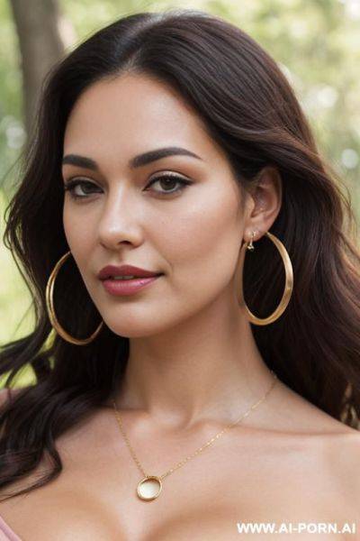 > "a realistic digital portrait of a woman in her 20s standing outdoors in a park. she has a soft fair complexion, oval face, brown really curly hair , and m brown eyes. she wears bold - ai-porn.ai on pornintellect.com