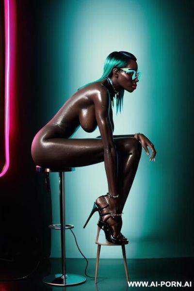 ((naked sexual supermodel)), ((turquoise color theme)) , ((very long oversized saggy boobs)), ((shiny oiled dark black skin)), ((magazine naked photoshoot)), ((neonlighting sunglasses and highheels highlight shiny neon)) - ai-porn.ai on pornintellect.com