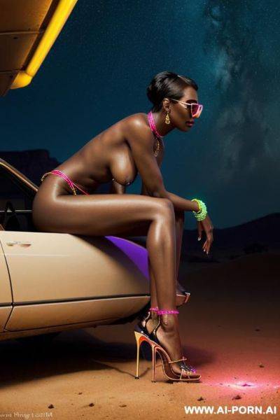 ((naked sexual supermodel)), ((colors outside desert dunes sand theme)) , ((very long oversized saggy boobs)), ((shiny oiled dark black skin)), ((magazine naked photoshoot)), ((neonlighting sunglasses and highheels highlight shiny neon)) - ai-porn.ai on pornintellect.com