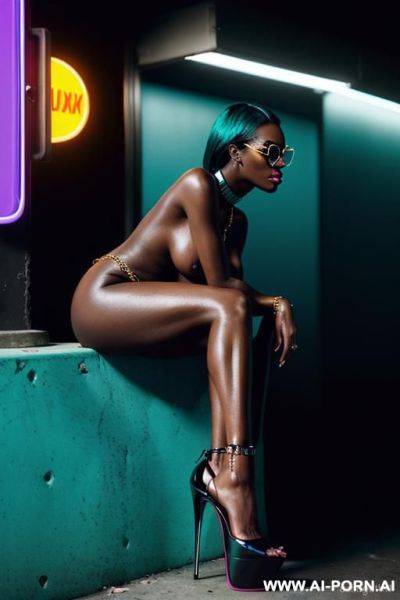 ((naked sexual supermodel giantess)), ((turquoise color theme)) , ((very long oversized saggy boobs)), ((shiny oiled dark black skin)), ((magazine naked giant lady photoshoot)), ((neonlighting sunglasses - ai-porn.ai on pornintellect.com