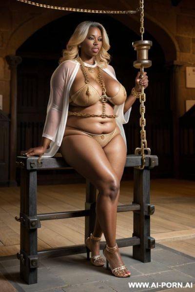 Curvy mom, blonde hair, big heavy tits, wide hips, big ass, s, dressed in a light short lace transparent robe, body, (((keep face))), (((extremely dark skin))), grandmom, mature cougar, gilf, - ai-porn.ai on pornintellect.com