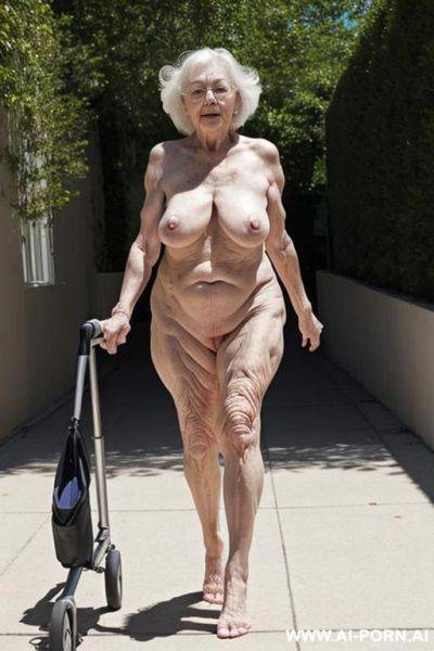 The totally naked elderly woman leans on the walker with both hands, walking slowly and cautiously, looking ahead. saggy boobs. full body frontal wiew. - ai-porn.ai on pornintellect.com