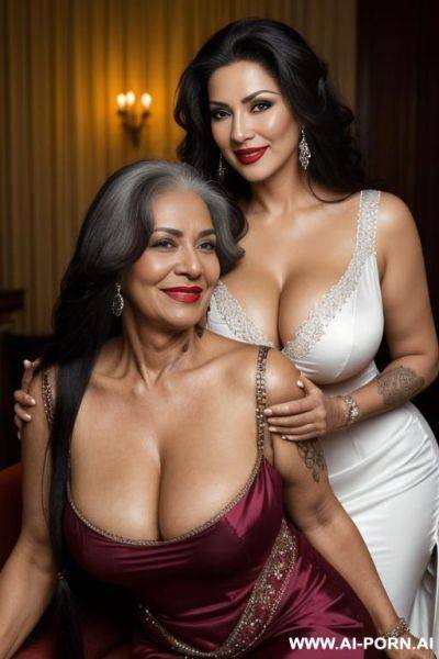 Two ancient full mature lesbian females on the club, black skin and white skin milfs, extremely beautiful make-up, red lip gloss. wicked, ((extremely long hair)), ((((ultra realistic)))), tattooed, - ai-porn.ai on pornintellect.com
