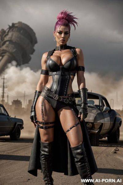 Dark black woman. toned. bracelet, thigh chain. punk hairstyle with fully shaved sides. bulging oversized tits. leather shoulder pad. mad max. fallout. ruined city in background. holster. city ruins. torn black cloak. - ai-porn.ai on pornintellect.com