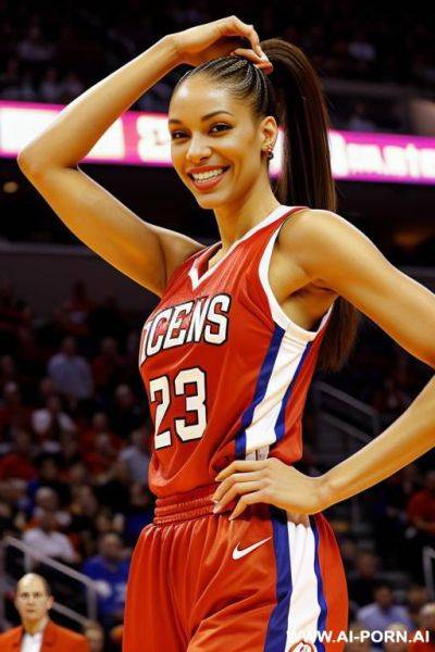 Tall light skinned basketball athlete, smiling, high ponytail, at a basketball arena, wearing a jersey, showing cleavage - ai-porn.ai on pornintellect.com