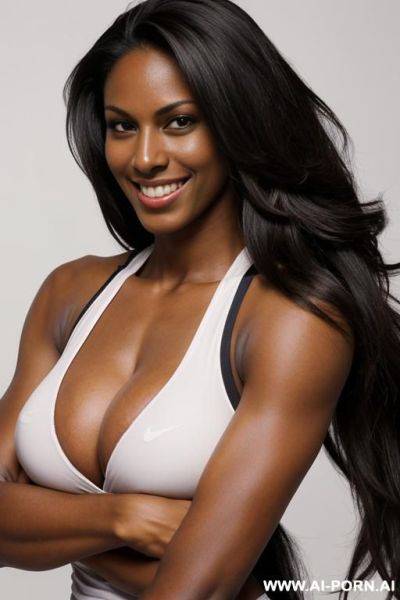Tall dark skinned volleyball athlete, muscular arms, ((very long hair)), smiling, - ai-porn.ai on pornintellect.com