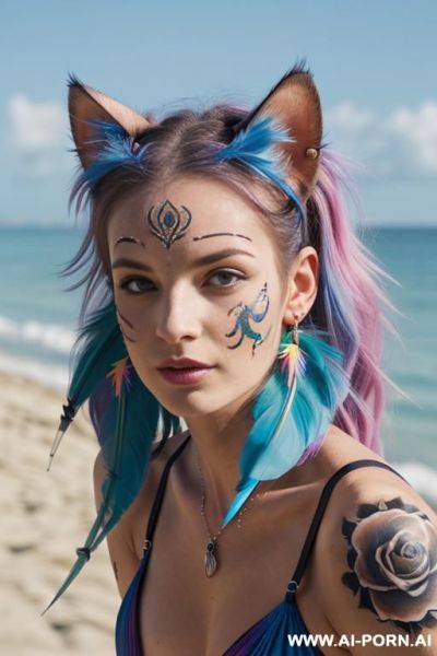 Face, sexy, beautiful, ((face painting)), ((bikini as seashell)), ((tattoo roses)), ((eyes shw)), ((angel wings)), ((rainbow hair)), ((long bu hair)), ((wind)), (( cat face)), (( cat ears)), (((feather - ai-porn.ai on pornintellect.com