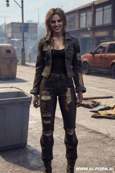 A homeless woman is wearing worn and bleached out, ripped pants and an old jeans jacket. she has long, messy brown hair. there ist lot of trash around. - ai-porn.ai on pornintellect.com
