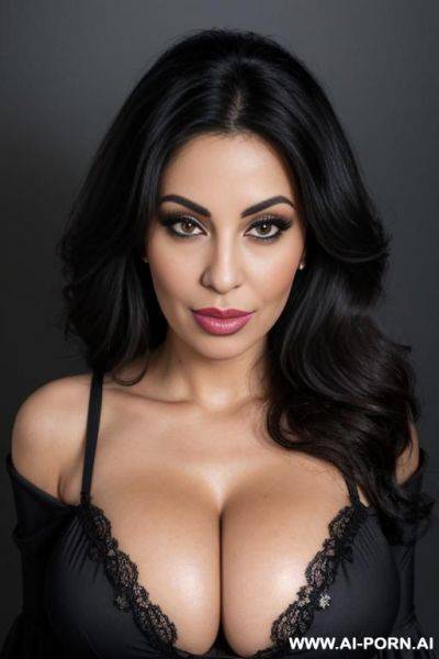 Middle eastern, deep cleavage, looking up, closeup from above, full puckered pouting sucker lips - ai-porn.ai on pornintellect.com