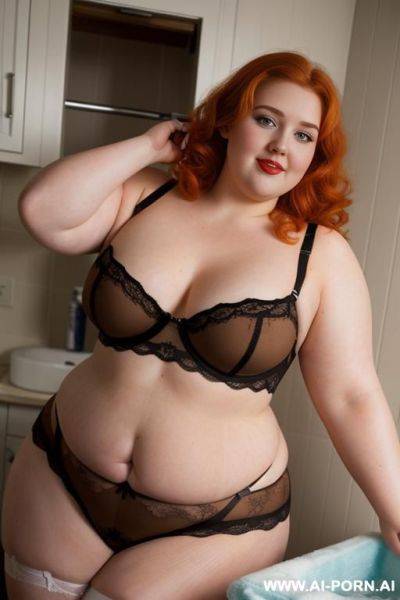 Half-length photo, ((half body photo shot close up)). as a set in the laundry area, a (((very, very obese))) fat chubby fat thick and bbw redhead british, ((she is washing clothes)). she has - ai-porn.ai - Britain on pornintellect.com