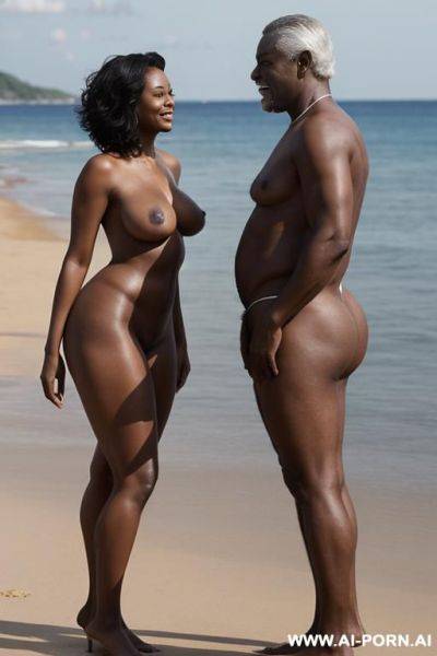 Ebony woman, (((totally naked))), (((topless))), standing in front, on a beach, (((standing with her husband))), curvy, body, gray hair, bottomheavy, big, ass, massive, woman, pov, embarressed, (((view from side))) - ai-porn.ai on pornintellect.com