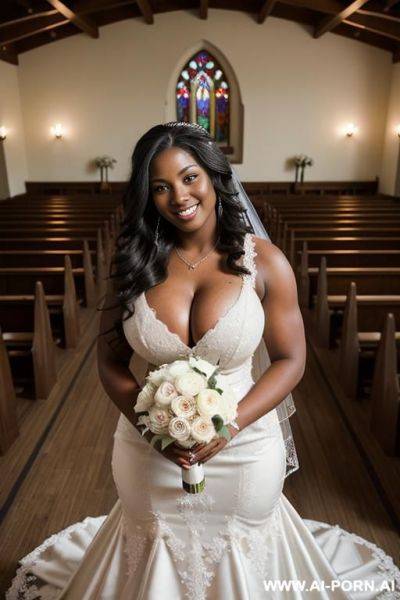 Photo taken from above, softball athlete, ((((massive breasts)))), dark skinned, 20 year old, wearing a bridal gown, smiling, hourglass body, ((very long wavy hair)), standing in a wedding chapel - ai-porn.ai on pornintellect.com
