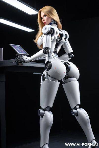 Sexbot, back view, full body view, standing upright, sticking out the ass, hands on spaceship control desk, looking at viewer, beautiful seductive human face with tanned silicone skin, long - ai-porn.ai on pornintellect.com
