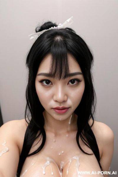 Selfie, kawaii, idol, black hair, (hair length:1.0), bangs, white lace ribbon hair tie, frilly pastel purple idol costume, facial cumshot on face, (((covered in a lot of cum))) cum dripping off of face, lot of cum on face, wet face, studio - ai-porn.ai on pornintellect.com