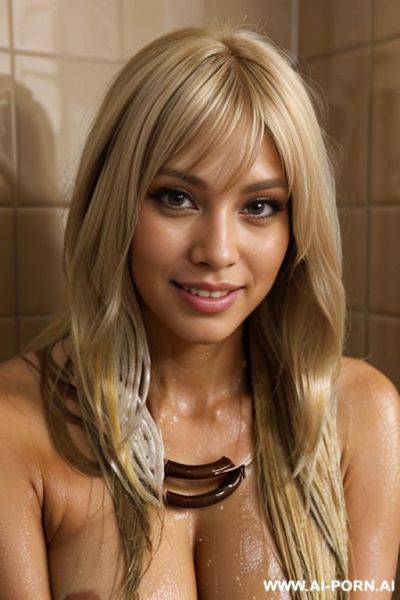 Elaborate very long gyaru hair, eye-covering bangs, sugar wife, pretty look, tanned, big glossy eyes, lively expression, - ai-porn.ai on pornintellect.com
