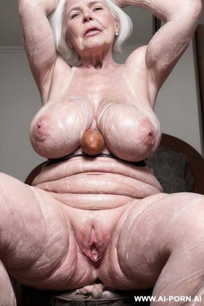 An elderly woman sits completely naked upright on a soft surface, her legs are relaxed, back slightly hunched, her aged body is slender soft and softly wrinkled — but her breasts are extra - ai-porn.ai on pornintellect.com