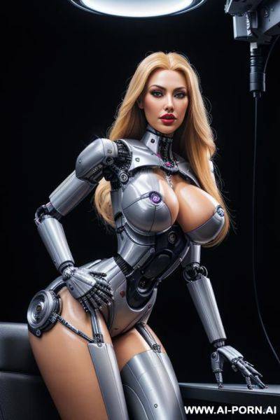 Sexbot, front view, full body view, sitting in armchair inside spaceship, looking at viewer, beautiful seductive human face with tanned silicone skin, long straight blonde hair, big lips, wide jaw, - ai-porn.ai on pornintellect.com