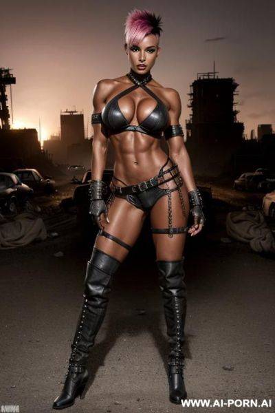 Dark black woman. toned. bracelet, thigh chain. punk mohawk hairstyle with fully shaved sides. bulging oversized tits. leather shoulder pad. mad max. fallout. ruined city in background. holster. city ruins. very tanned skin. - ai-porn.ai on pornintellect.com