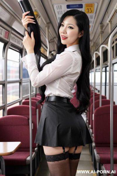 Woman japanese big boobs long black hair 30 year old secretary stockings skirt up standing hands up glued with the tube in the bus view in the profile - ai-porn.ai - Japan on pornintellect.com