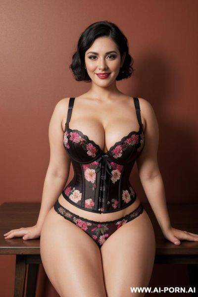 (wide chest and wide waist), (busty), (beautiful wide face), (round chin), bimbo, toned plump body ((full body view)), sitting on table, leaning back on wall, (red wall with floral prints), nude - ai-porn.ai on pornintellect.com