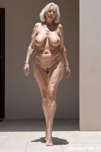 (ultra detailed photo), (hyper realistic photo). the totally naked elderly woman, walking slowly and cautiously, looking ahead. saggy boobs. full body frontal wiew. - ai-porn.ai on pornintellect.com