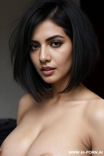 Woman, naked, (white woman skin), exhausted, messy black hair, long bobcut hair style, - ai-porn.ai on pornintellect.com