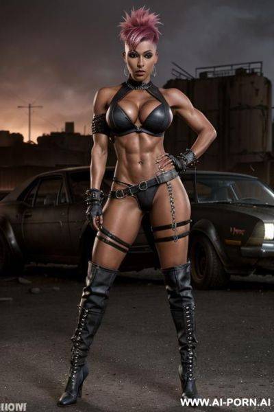 Dark black woman. toned. bracelet, thigh chain. punk mohawk hairstyle with fully shaved sides. bulging oversized tits. leather shoulder pad. mad max. fallout. ruined city in background. holster. city ruins. very tanned skin. - ai-porn.ai on pornintellect.com