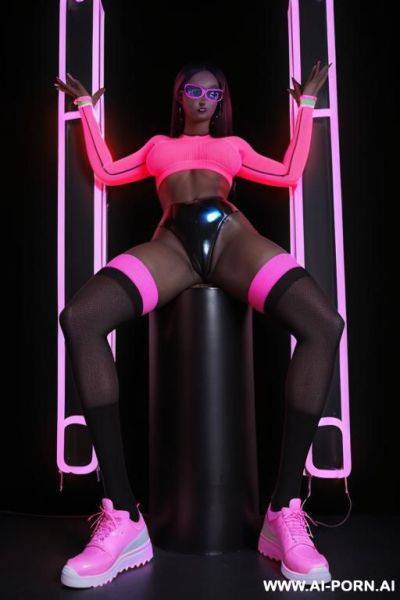 ((naked sexual supermodel)), ((colorfull neon lighting shoes and high-above-knee socks only on totally naked body)) , ((xxl very oversized saggy boobs side-view)), ((shiny oiled dark black skin)), - ai-porn.ai on pornintellect.com