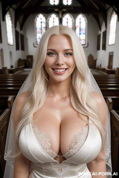 ((full shot)), 20 year old, supermodel, smiling, ((massive sagging breasts)), (very long fluffy platinum blonde hair), standing in a church, wearing an intricate wedding dress, showing cleavage - ai-porn.ai on pornintellect.com