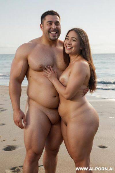 ((full body shot)), ((looking at camera)), ((muscular man)), beach festival, summer party, a fat bbw chubby shorty filipina is hugging with a handsome fit american man. the woman is sitting. the - ai-porn.ai - Usa on pornintellect.com