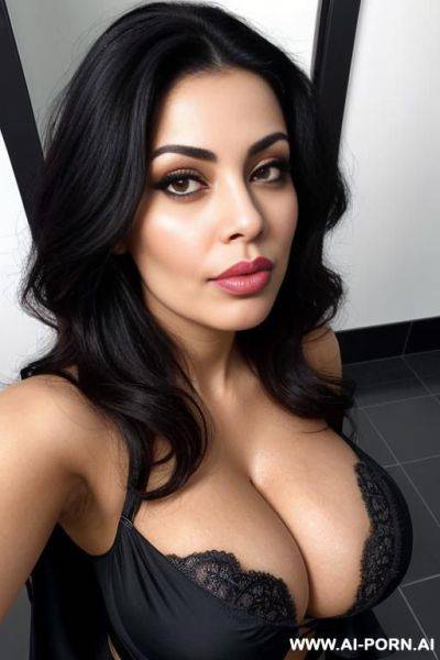 Middle eastern, deep cleavage, looking up, closeup from above, full lips, puckered lips, pouting lips - ai-porn.ai on pornintellect.com