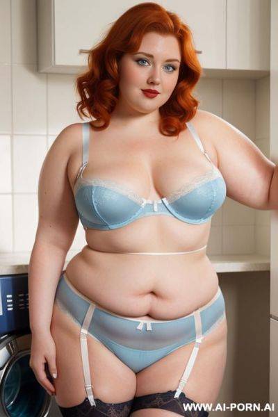 Half-length photo, ((half body photo shot close up)). as a set in the laundry area, a (((very obese))) fat chubby fat thick and bbw redhead british, ((she is washing clothes)). she has - ai-porn.ai - Britain on pornintellect.com