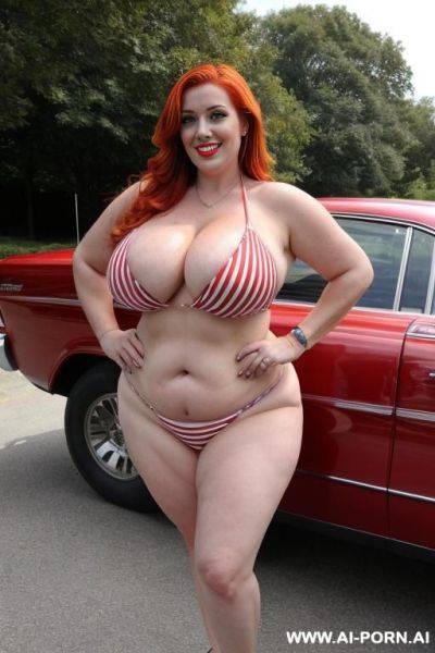 Sexy redhead sister, massive teardrop breasts, ((keep face)), ((keep body)), teapered waist, hour glass body shape, realistic body, sunny summer day, heavy makeup, tons of make up, red lips, eye - ai-porn.ai - Usa on pornintellect.com