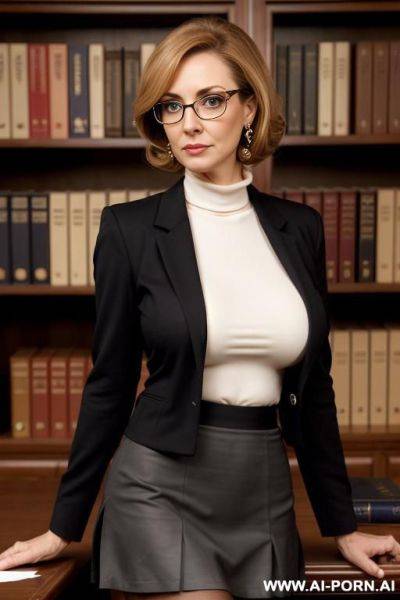 ((massive breasts)), (busty), wide hips, light muscle definition, updo hair, strawberry blond hair, seductive eyes, eye contact, (stylish glasses), - ai-porn.ai on pornintellect.com