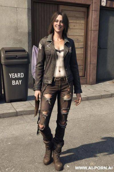 A homeless woman is wearing worn and bleached out, ripped pants and an old jeans jacket. she has long, messy brown hair. there ist lot of trash around. - ai-porn.ai on pornintellect.com