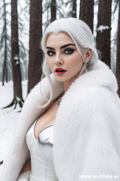 Snow queen with skin, white hair, white dress, white eyebrows, white eyelashes on the background of a white lamborghini huracan, forest, winter - ai-porn.ai on pornintellect.com