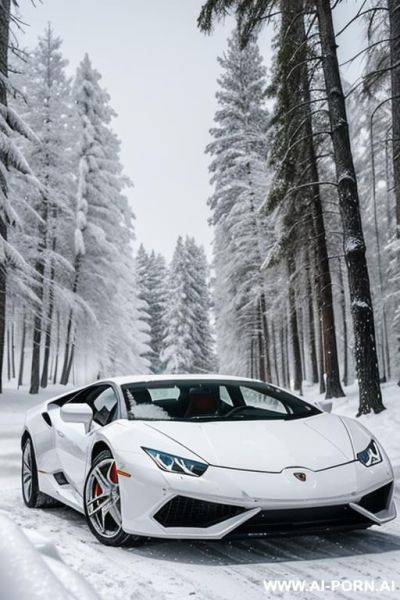 Snow queen in white in a battle with white hair, in the background a white lamborghini huracan, forest, winter - ai-porn.ai on pornintellect.com