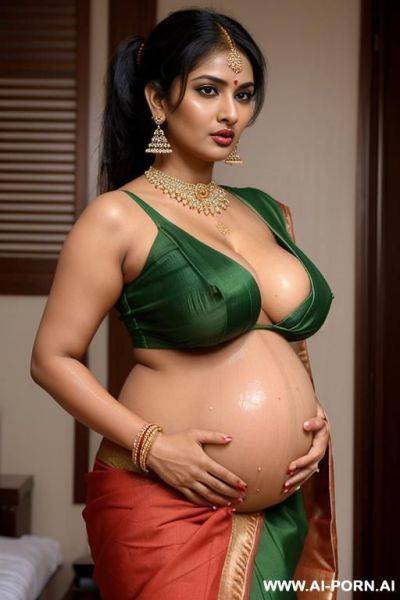 Sexy, seductive, indian milf mom, pregnant, (wearing sari), visible cleavage and nipples, saggy and rounded boobs, sexy and beautiful body, beautiful face, short hairstyle, ponytail, side bangs, - ai-porn.ai - India on pornintellect.com