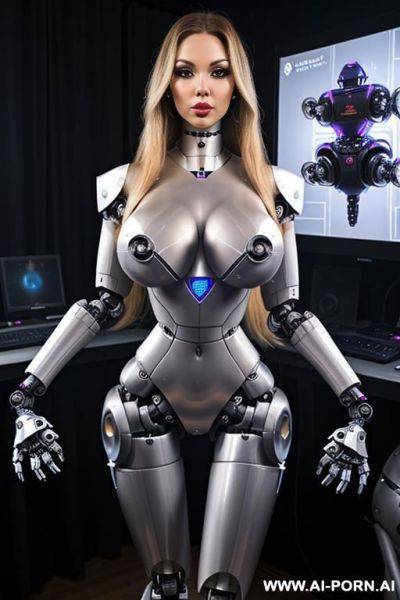 Sexbot, front view, full body view, standing upright, hands on spaceship control desk, looking at viewer, beautiful seductive human face with tanned silicone skin, long straight blonde hair, big - ai-porn.ai on pornintellect.com