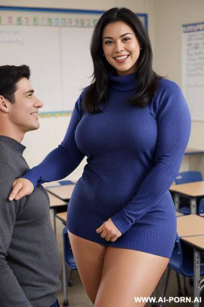 Tall female with ((thick arm muscles)), smiling, 20 year old, standing in a classroom, wearing a tight blue sweater. next to her is a shorter nerdy man with black hair looking up at her - ai-porn.ai on pornintellect.com
