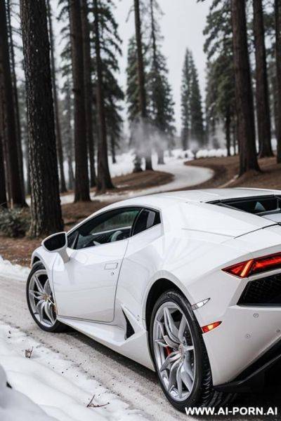 Woman, skin, white pants, white crown, white hair, white dress, white eyebrows, white eyelashes, in the background a white lamborghini huracan, forest, winter - ai-porn.ai on pornintellect.com