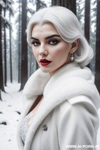 Snow queen with skin, white hair, white dress, white eyebrows, white eyelashes on the background of a white lamborghini huracan, forest, winter - ai-porn.ai on pornintellect.com