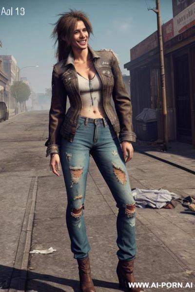 A homeless woman is wearing worn and bleached out, ripped pants and an old jeans jacket. she has long, messy brown hair. there ist lot of trash around. - ai-porn.ai on pornintellect.com